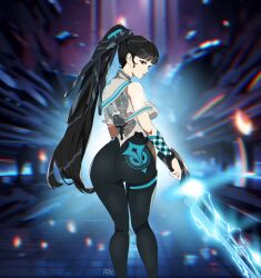 Rule 34 | 1girl, alternate color, ass, black hair, blunt bangs, bodysuit, breasts, brown eyes, electricity, eve (stellar blade), from behind, gloves, highres, holding, holding sword, holding weapon, huge ass, large breasts, long hair, looking at viewer, looking back, medium breasts, multicolored bodysuit, multicolored clothes, pants, planet diving suit (6th) (stellar blade), ponytail, r3dfive, shirt, sideboob, skin tight, solo, stellar blade, sword, tattoo, thigh gap, thighs, tight clothes, very long hair, weapon