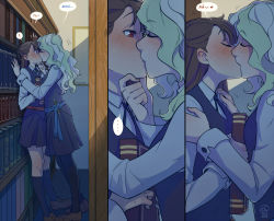 Rule 34 | !, ..., 2girls, ?, against bookshelf, assertive female, blush, book, bookshelf, brown hair, comic, diana cavendish, english text, closed eyes, french kiss, grabbing another&#039;s chin, gradient hair, green hair, half-closed eyes, hand on another&#039;s chin, hands on another&#039;s shoulders, heart, indoors, kabedon, kagari atsuko, kiss, library, little witch academia, long hair, long sleeves, multicolored hair, multiple girls, pantyhose, red eyes, school uniform, speech bubble, surprised, sweatdrop, text focus, thought bubble, ticcy, tongue, two-tone hair, white hair, wide-eyed, yuri