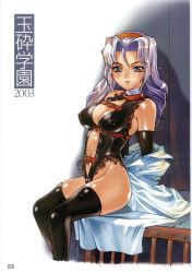 Rule 34 | 1girl, bdsm, blue eyes, blush, breasts, elbow gloves, covered erect nipples, gloves, hairband, highres, large breasts, long hair, nishi iori, purple hair, sitting, solo, thighhighs