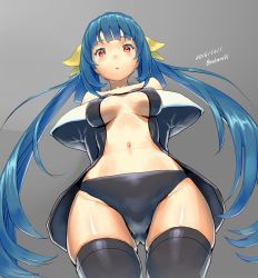 Rule 34 | 1girl, 2016, arms behind back, bare shoulders, black panties, black thighhighs, blue hair, blush, breasts, center opening, dated, detached sleeves, dizzy (guilty gear), from below, gluteal fold, guilty gear, guilty gear x, guilty gear xx, navel, no wings, panties, red eyes, revealing clothes, solo, stomach, thighhighs, twintails, underboob, underwear, zaki (narashigeo)