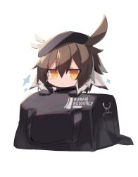 Rule 34 | 1girl, :&gt;, arknights, bag, beret, black hat, blush, brown hair, commentary request, hair between eyes, hat, hat feather, in bag, in container, looking at viewer, medium hair, multicolored hair, plume (arknights), sasa onigiri, simple background, solo, two-tone hair, white background, white hair, yellow eyes