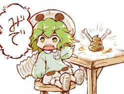 Rule 34 | 1other, androgynous, blue shirt, bone, collared shirt, commentary request, green hair, hemo (hemoroda), kindergarten uniform, kitsugai sese, len&#039;en, long sleeves, on stool, open mouth, pointing, poop, sharp teeth, shirt, shoes, shorts, sitting, skull on head, solo, speech bubble, stool, table, teeth, translation request, white footwear, white shorts, wooden stool