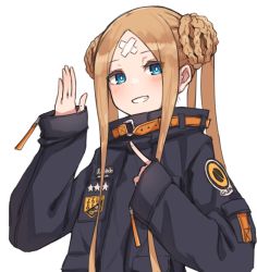 Rule 34 | 1girl, abigail williams (fate), abigail williams (swimsuit foreigner) (fate), abigail williams (swimsuit foreigner) (second ascension) (fate), abigail williams (traveling outfit) (fate), absurdres, bandaid, bandaid on face, bandaid on forehead, belt, black jacket, blonde hair, blue eyes, blush, breasts, crossed bandaids, fate/grand order, fate (series), forehead, grin, high collar, highres, jacket, kopaka (karda nui), long hair, long sleeves, looking at viewer, official alternate costume, orange belt, parted bangs, sidelocks, small breasts, smile, solo, twintails, very long hair