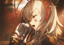 Rule 34 | 1girl, arknights, backlighting, black gloves, black shirt, chain, chain necklace, commentary, crying, crying with eyes open, fingerless gloves, gloves, highres, holding, holding microphone, horns, jewelry, microphone, nail polish, necklace, open mouth, portrait, red eyes, shirt, solo, star tattoo, tattoo, tears, ttk (kirinottk), w (arknights), white hair
