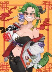 Rule 34 | 1girl, bare shoulders, belt, blush, braid, can, cigarette, dragon horns, dragon tail, drooling, earrings, gradient hair, green hair, grin, hand in pocket, highres, holding, holding can, horns, jacket, jewelry, long hair, looking at viewer, midriff, multicolored hair, n9+, navel, off shoulder, original, pointy ears, smile, solo, sunglasses, tail, yellow eyes