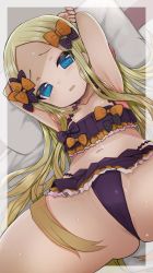 Rule 34 | 1girl, abigail williams (emerald float) (fate), abigail williams (fate), armpits, arms behind head, arms up, ass, bed sheet, blonde hair, blue eyes, blush, bow, fate/grand order, fate (series), frilled swimsuit, frills, hair bow, highres, izuoku, long hair, looking at viewer, lying, navel, official alternate costume, on back, orange bow, parted bangs, pillow, purple bow, sidelocks, solo, spread legs, sweat, swimsuit, very long hair