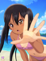 Rule 34 | 1girl, absurdres, artist name, bare shoulders, beach, bikini, black hair, blurry, blurry background, blush, bow, breasts, brown eyes, cloud, dark-skinned female, dark skin, day, dot nose, highres, k-on!, long hair, nakano azusa, navel, open mouth, outdoors, outstretched arm, pink bikini, sand, sky, small breasts, solo, standing, swimsuit, tan, user sjah7745, water