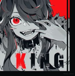 Rule 34 | 1girl, black collar, black nails, collar, commentary, fangs, fur trim, grey hair, highres, king (vocaloid), limited palette, looking at viewer, mouth pull, nail polish, nanora (sero4), open mouth, original, portrait, red background, red eyes, short hair with long locks, sidelocks, slit pupils, smile, solo, vocaloid