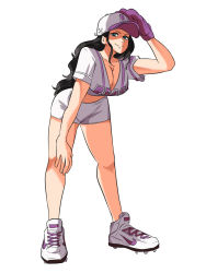 Rule 34 | 1girl, baseball cap, baseball glove, black hair, blue eyes, breasts, cleavage, full body, hand up, hat, highres, large breasts, long hair, midriff, nico robin, one piece, shirt, shoes, short sleeves, shorts, simple background, smile, solo, standing, tina fate, very long hair, white background, white footwear, white hat, white shirt, white shorts