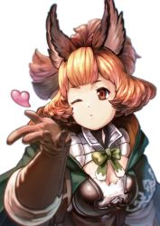 Rule 34 | 1girl, animal ears, arm at side, blowing kiss, blurry, bow, bowtie, breasts, brown eyes, brown gloves, cape, cleavage, depth of field, diamond (shape), elbow gloves, erune, eyebrows, eyelashes, facing away, gloves, granblue fantasy, green bow, green bowtie, green cape, hand up, heart, high ponytail, hood, hood down, hooded cape, karuteira, looking away, one eye closed, orange hair, parted lips, reiesu (reis), short hair, simple background, small breasts, solo, upper body, white background