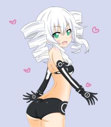 Rule 34 | 1girl, ass, black sister, blush, crawford, drill hair, flat chest, green eyes, heart, looking back, neptune (series), solo, twin drills, uni (neptunia), white hair