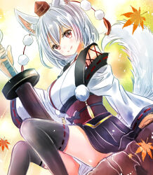 Rule 34 | 1girl, animal ear fluff, animal ears, bare shoulders, black thighhighs, closed mouth, hajike akira, highres, holding, holding sword, holding weapon, inubashiri momiji, japanese clothes, kimono, kourindou tengu costume, leaf, looking at viewer, maple leaf, obi, one-hour drawing challenge, pom pom (clothes), red eyes, sash, short hair, sitting, smile, solo, sword, tail, thighhighs, touhou, weapon, white kimono, wolf ears, wolf girl, wolf tail