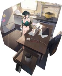 Rule 34 | 1girl, anosillus ii, anosillus ii (private time), azur lane, bare legs, bare shoulders, barefoot, black hair, blush, braid, braided bun, breasts, brown jacket, camisole, chair, cleavage, closed mouth, coat, coffee, coffee cup, coffee mug, collarbone, computer, cooking pot, cup, desk, disposable cup, earrings, faucet, feet, from above, glasses, green camisole, gridman universe, hair bun, highres, holding, holding cup, huge breasts, indoors, jacket, jewelry, keyboard (computer), kitchen, kurumi (recycllamo), laptop, legs, long sleeves, looking to the side, mug, off shoulder, official alternate costume, official art, open clothes, open jacket, paper, pen, red eyes, shelf, shirt, short shorts, shorts, single hair bun, sitting, solo, spaghetti strap, spatula, ssss.dynazenon, stove, sunlight, table, thighs, tile floor, tiles, toes, translation request, underwear, window, wooden floor