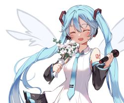 Rule 34 | 1girl, :d, ^ ^, bare shoulders, black skirt, black sleeves, blue necktie, blush, bouquet, breasts, closed eyes, collared shirt, commentary, detached sleeves, detached wings, english commentary, facing viewer, flower, grey wings, hair between eyes, hatsune miku, highres, holding, holding bouquet, holding microphone, long hair, long sleeves, microphone, necktie, open mouth, orobou, pleated skirt, shirt, simple background, skirt, sleeveless, sleeveless shirt, small breasts, smile, solo, tie clip, twintails, very long hair, vocaloid, white background, white flower, white shirt, wide sleeves, wings