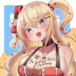 Rule 34 | 1girl, :d, akai haato, akai haato (gothic lolita), bare shoulders, black choker, blonde hair, blue eyes, blush, body writing, bow, breasts, chocolate, chocolate on body, chocolate on breasts, choker, cleavage, dress, fang, food on body, haaton (akai haato), hair between eyes, hair bow, hair ornament, hairclip, halterneck, heart, heart-shaped pupils, heart hair ornament, highres, hololive, jewelry, large breasts, long hair, magowasabi, musical note, necklace, open mouth, red bow, red dress, signature, skin fang, smile, solo, symbol-shaped pupils, translation request, twitter username, two side up, upper body, virtual youtuber, x hair ornament