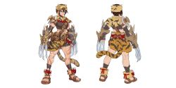 Rule 34 | 1girl, absurdres, animal print, armor, back, belt, belt buckle, blue eyes, buckle, character sheet, claw (weapon), clenched hand, closed mouth, flat color, highres, jewelry, muscular, muscular female, navel, necklace, original, pauldrons, pouch, sandals, scar, short hair, shoulder armor, simple background, solo, standing, tail, pelt, tiger print, tiger tail, tooth necklace, weapon, white background, y frt, yellow headwear