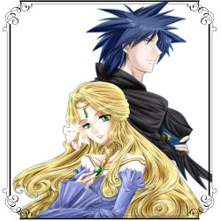 Rule 34 | 1boy, 1girl, blonde hair, blue dress, blue eyes, blue hair, creatures (company), dress, forehead jewel, framed, game freak, green eyes, hands on own chest, unworn headwear, lipstick, long hair, long sleeves, looking at viewer, makeup, nintendo, parted lips, pokemon, pokemon (anime), pokemon: lucario and the mystery of mew, pokemon rse (anime), queen rin (pokemon), short hair, shoulderless dress, sir aaron, smile, spiked hair, tunic, upper body, white background