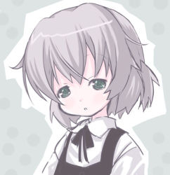 Rule 34 | 00s, 1girl, aged down, bad id, bad pixiv id, blouse, bow, bowtie, green eyes, kiira, lowres, open mouth, ribbon, sanya v. litvyak, shirt, short hair, silver hair, simple background, solo, strike witches, tired, world witches series