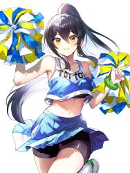 Rule 34 | 1girl, armpits, bare arms, bare shoulders, bike shorts, black hair, black shirt, black shorts, blue shirt, blue skirt, breasts, cheerleader, commission, crop top, crop top overhang, emerane, grin, hands up, highres, holding, holding pom poms, leg up, long hair, looking at viewer, medium breasts, midriff, miniskirt, navel, original, pleated skirt, pom pom (cheerleading), pom poms, ponytail, scrunchie, shirt, short shorts, shorts, shorts under skirt, simple background, skeb commission, skirt, sleeveless, sleeveless shirt, smile, socks, solo, stomach, undershirt, very long hair, white background, wrist scrunchie, yellow eyes