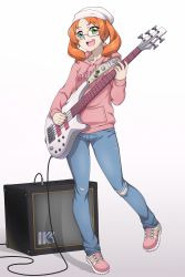 Rule 34 | 1girl, absurdres, amplifier, bass guitar, beanie, cable, character request, chuunioniika, commentary, commission, copyright request, denim, english commentary, flat chest, full body, glasses, green eyes, hat, highres, hood, hoodie, instrument, jeans, medium hair, music, open mouth, orange hair, pants, parted bangs, pink-framed eyewear, playing instrument, plectrum, shoes, sneakers, solo, speaker, strap, torn clothes, torn jeans, torn pants, twintails