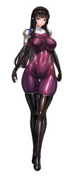 Rule 34 | 1girl, black hair, bodysuit, boots, breasts, cameltoe, covered erect nipples, elbow gloves, gloves, hime cut, impossible bodysuit, impossible clothes, kamori sayaka, latex, looking at viewer, nun, original, purple bodysuit, purple eyes, rindou (radical dream), shiny clothes, skin tight, smile, solo, thigh boots, thighhighs