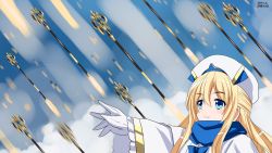 Rule 34 | 10s, 1girl, blonde hair, blue eyes, blue sky, blush, closed mouth, commentary request, dated, day, gloves, goblin slayer!, hair between eyes, half updo, hat, lace-trimmed sleeves, lace trim, long hair, long sleeves, motion blur, outdoors, outstretched arm, priestess (goblin slayer!), robe, sidelocks, signature, sky, sleeves past wrists, smile, smoke, solo, staff, upper body, white gloves, white hat, white robe, wide sleeves, yamaguchi yuu