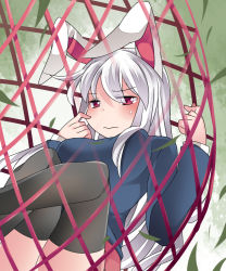 Rule 34 | 1girl, animal ears, bad id, bad pixiv id, black thighhighs, blazer, breasts, contemporary, hammer (sunset beach), jacket, long hair, net, rabbit ears, red eyes, reisen udongein inaba, silver hair, skirt, snare, solo, thighhighs, touhou, very long hair