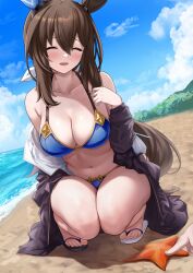 Rule 34 | 1girl, :d, ^ ^, absurdres, admire vega (umamusume), animal ears, bare shoulders, beach, bikini, black jacket, blue bikini, blue sky, blush, breasts, brown hair, cleavage, closed eyes, cloud, commentary request, day, herohero (higashi no dou), highres, horse ears, jacket, large breasts, long hair, long sleeves, navel, off shoulder, open clothes, open jacket, open mouth, outdoors, sky, smile, solo, solo focus, squatting, stomach, swimsuit, thighs, umamusume