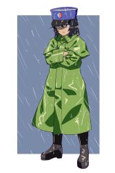 Rule 34 | 1girl, andou (girls und panzer), bc freedom (emblem), bc freedom military uniform, black footwear, black hair, blue hat, boots, brown eyes, closed mouth, coat, commentary, crossed arms, dark-skinned female, dark skin, emblem, frown, full body, girls und panzer, green coat, grey background, hat, highres, long sleeves, medium hair, messy hair, military, military hat, military uniform, onsen tamago (hs egg), outdoors, outside border, rain, raincoat, shako cap, solo, standing, uniform, wet