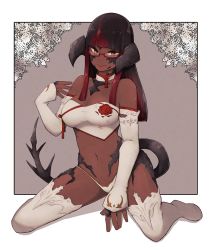 Rule 34 | 1girl, au ra, warrior of light (ff14), bandeau, bare shoulders, blunt bangs, boots, border, closed mouth, dark-skinned female, dark skin, fictional persona, final fantasy, final fantasy xiv, fingernails, glasses, hand up, highres, horns, lamb-oic029, long hair, long sleeves, looking at viewer, monster girl, navel, panties, red-framed eyewear, scales, semi-rimless eyewear, smile, solo, square enix, strapless, tail, thigh boots, thighhighs, tube top, under-rim eyewear, underwear, white border, white footwear, white panties, yellow eyes