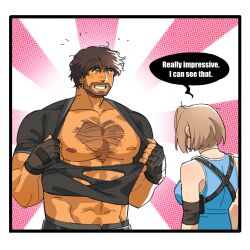 Rule 34 | 1boy, 1girl, abs, alternate pectoral size, bara, bare pectorals, beard, becheyb, black hair, brown hair, carlos oliveira, character request, chest hair, dark-skinned male, dark skin, emphasis lines, english text, facial hair, fingerless gloves, from side, full beard, gloves, grin, heart, heart-shaped body hair, hetero, highres, huge pectorals, male focus, mature male, muscular, muscular male, nipples, pectorals, resident evil, resident evil 3, resident evil 3: nemesis, resident evil 3 (remake), shirt, short hair, smile, speech bubble, strongman waist, tearing clothes, thick chest hair, thick eyebrows, torn clothes, upper body