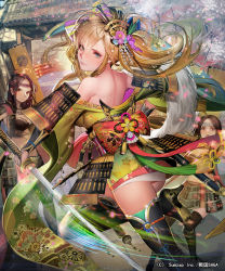 Rule 34 | 3girls, back, bare shoulders, blonde hair, blue eyes, boots, closed mouth, floral print, from behind, hair ornament, high heel boots, high heels, holding, holding sword, holding weapon, japanese clothes, katana, kimono, liduke, looking at viewer, looking back, mole, mole under eye, multiple girls, obi, off shoulder, official art, outdoors, sash, sengoku saga, short kimono, smile, solo focus, standing, standing on one leg, sword, thigh boots, thighhighs, twintails, watermark, weapon