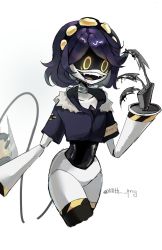 Rule 34 | 1girl, claws, coat, colored skin, evil grin, evil smile, female focus, glitch productions, grey skin, grin, highres, mecha girl, mechanical tail, murder drones, oil, open mouth, robot girl, shiny skin, short hair, smile, tail, thighhighs, v (murder drones), yellow eyes