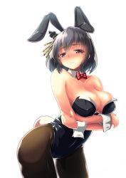 Rule 34 | 10s, 1girl, absurdres, alternate costume, animal ears, bare shoulders, black hair, black pantyhose, breasts, covered navel, crossed arms, detached collar, fake animal ears, hair ornament, headgear, highres, kantai collection, large breasts, leaning forward, leotard, looking at viewer, loussier666, pantyhose, playboy bunny, rabbit ears, rabbit tail, red eyes, short hair, solo, tail, text focus, translation request, transparent background, wrist cuffs, yamashiro (kancolle)