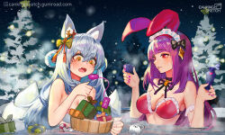 Rule 34 | 2girls, animal ear fluff, animal ears, bare shoulders, bikini, breasts, canking, choko (cup), cleavage, commentary request, cup, egg vibrator, fang, frilled bikini, frills, grey hair, hair rings, holding, holding cup, long hair, medium breasts, multiple girls, night, night sky, open mouth, orange eyes, original, outdoors, parted lips, partially submerged, purple hair, red bikini, red eyes, remote control vibrator, sex toy, sky, snow, snowing, star (symbol), swimsuit, tail, tree, upper body, vibrator, water, watermark, web address, white bikini
