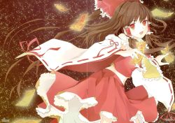 Rule 34 | 1girl, absurdres, ascot, bow, brown hair, crease, detached sleeves, frills, hair bow, hair ornament, hair tubes, hakurei reimu, highres, japanese clothes, long hair, long sleeves, looking at viewer, midriff, miko, navel, non-web source, ofuda, open mouth, ponytail, red eyes, scan, shirt, skirt, skirt set, smile, solo, tommy (microstoria), touhou, very long hair, vest, wide sleeves