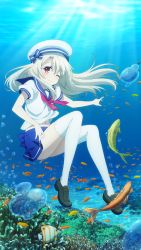 Rule 34 | 1girl, absurdres, anchor symbol, blue skirt, bubble, coral, fate/kaleid liner prisma illya, fate (series), female focus, fish, hat, highres, illyasviel von einzbern, loafers, long hair, miniskirt, navel, no panties, ocean, official art, one eye closed, red eyes, school uniform, serafuku, shoes, skirt, smile, solo, thighhighs, underwater, uniform, white thighhighs
