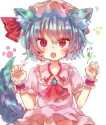 Rule 34 | 1girl, animal ears, ascot, blue hair, blush, brooch, dog ears, dog tail, fangs, hat, hat ribbon, jewelry, kemonomimi mode, looking at viewer, mob cap, open mouth, peipei, red eyes, red ribbon, remilia scarlet, ribbon, short hair, simple background, slit pupils, solo, tail, touhou, upper body, v-shaped eyebrows, white background, wrist cuffs