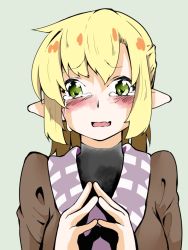 Rule 34 | 1girl, blonde hair, blush, crying, crying with eyes open, fingers together, green eyes, hair between eyes, kitsune (koma), koma kitsune (kururito), light smile, long hair, looking at viewer, mizuhashi parsee, open mouth, pointy ears, sidelocks, simple background, smile, solo, steepled fingers, tears, touhou