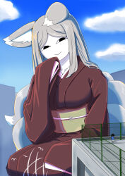 Rule 34 | 1girl, 1other, animal ears, borrowed character, cloud, collarbone, fox ears, fox tail, giant, giantess, highres, japanese clothes, kimono, long hair, looking at another, mansion fox (yanaiba (shishamohurai)), neko 040, original, outdoors, rooftop, size difference, sleeves past wrists, smile, solo focus, tail