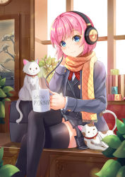 Rule 34 | 1girl, absurdres, animal, black skirt, black thighhighs, black vest, blue eyes, blue jacket, blush, cat, closed mouth, commentary request, crossed legs, cup, day, eighth note, english text, head tilt, headphones, highres, holding, holding cup, holmemee, indoors, jacket, mug, musical note, open clothes, open jacket, orange scarf, original, painting (object), picture frame, pink hair, plant, pleated skirt, potted plant, scarf, school uniform, shirt, skirt, smile, solo, steam, sunlight, thighhighs, vest, white shirt, wings