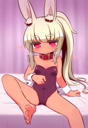 Rule 34 | 1girl, animal ear fluff, animal ears, bare legs, bare shoulders, barefoot, bed, bed sheet, blurry, blurry background, blush, breasts, cameltoe, closed mouth, collar, commentary request, covered navel, curtains, depth of field, etrian odyssey, fake animal ears, feet, foot up, groin, heart, heart-shaped pupils, heavy breathing, highres, leotard, light brown hair, long hair, looking at viewer, masurao (sekaiju), naga u, playboy bunny, ponytail, purple leotard, rabbit ears, red collar, sekaiju no meikyuu, sekaiju no meikyuu 5, short eyebrows, sitting, small breasts, smile, solo, strapless, strapless leotard, symbol-shaped pupils, thick eyebrows, toes, very long hair, wrist cuffs