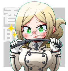 Rule 34 | 1girl, black necktie, blonde hair, blush, breasts, character name, collared shirt, epaulettes, folded ponytail, glasses, gloves, green eyes, holding, jacket, kantai collection, katori (kancolle), large breasts, long sleeves, looking at viewer, military uniform, necktie, open mouth, outline, shin (shin k009), shirt, simple background, solo, sparkle, two-tone background, uniform, upper body, white gloves, white shirt