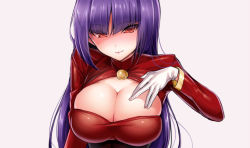 Rule 34 | 1girl, blush, breasts, cleavage, cleavage cutout, clothing cutout, creatures (company), female focus, game freak, gloves, gym leader, hizuki akira, large breasts, long hair, looking at viewer, nintendo, pokemon, purple hair, red eyes, sabrina (pokemon), simple background, smile, solo, white gloves