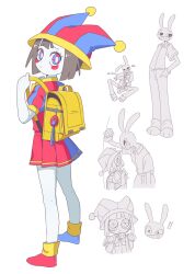 Rule 34 | !, !!, 1boy, 1girl, aged down, animal ears, animal feet, arm up, asymmetrical footwear, blue eyes, blue footwear, blush stickers, bright pupils, brown hair, closed mouth, collared shirt, colored skin, crying, crying with eyes open, full body, gloves, hand in pocket, hat, highres, jax (the amazing digital circus), jester, jester cap, mismatched footwear, nyokitsune, pomni (the amazing digital circus), puffy short sleeves, puffy sleeves, rabbit boy, rabbit ears, red eyes, red footwear, shirt, short hair, short sleeves, standing, striped clothes, striped headwear, tears, the amazing digital circus, two-tone eyes, two-tone skirt, vertical-striped clothes, vertical-striped headwear, white background, white pupils, white skin, worried, yellow bag