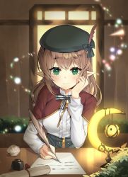Rule 34 | 1girl, black bow, black hat, blush, bow, breasts, brown hair, commission, desk, feathers, green eyes, hand on own chin, hat, indoors, inkwell, lamp, large breasts, long hair, long sleeves, looking at viewer, manaria friends, poho, pointy ears, quill, scroll, sitting, smile, solo, window