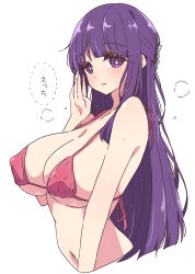 Rule 34 | 1girl, bikini, breasts, commentary, cut bangs, fern (sousou no frieren), highres, large breasts, light smile, long hair, looking at viewer, mel (melty pot), purple eyes, purple hair, red bikini, simple background, solo, sousou no frieren, sweat, swimsuit, translation request, upper body, white background