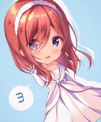 Rule 34 | 1girl, :d, amedamacon, bare shoulders, blue background, blush, breasts, brown hair, chibi, commentary request, dress, drop shadow, elbow gloves, eyes visible through hair, gloves, go-toubun no hanayome, hair over one eye, hairband, hand up, highres, long hair, medium breasts, nakano miku, open mouth, pleated dress, purple eyes, smile, solo, strapless, strapless dress, w, white dress, white gloves, white hairband