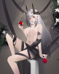 Rule 34 | 1girl, absurdres, apple, arknights, bad id, bad pixiv id, bare arms, bare legs, bare shoulders, bikini, bikini bottom only, black bikini, black choker, breasts, choker, cleavage, commentary, eugle na, food, fruit, hand up, highres, holding, holding food, holding fruit, horns, inverted nipples, large breasts, long hair, looking at viewer, material growth, mudrock (arknights), mudrock (silent night) (arknights), navel, official alternate costume, oripathy lesion (arknights), pointy ears, red eyes, sitting, solo, stomach, swimsuit, thighs, topless, very long hair, white hair