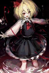 1girl absurdres ascot bad_id bad_pixiv_id black_skirt black_vest blonde_hair collared_shirt dark_background darkness feet_out_of_frame frilled_shirt_collar frilled_skirt frills hair_between_eyes highres long_sleeves medium_hair open_mouth piz_doll puffy_long_sleeves puffy_sleeves red_ascot red_eyes rumia sharp_teeth shirt simple_background skirt skirt_set solo t-pose teeth touhou vest white_shirt